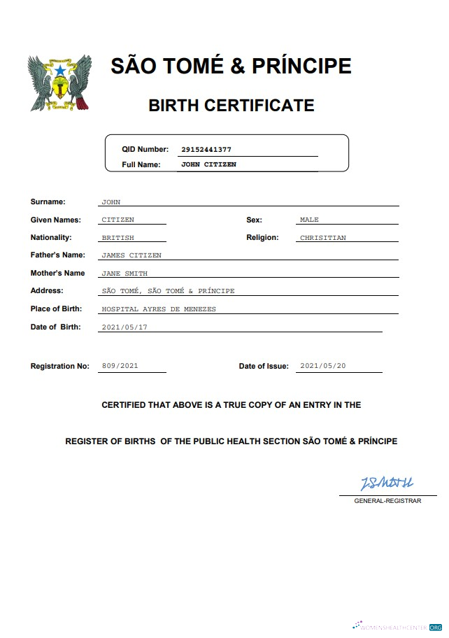 Download Sao Tome & Principe vital record birth certificate Word and PDF template Photoshop template